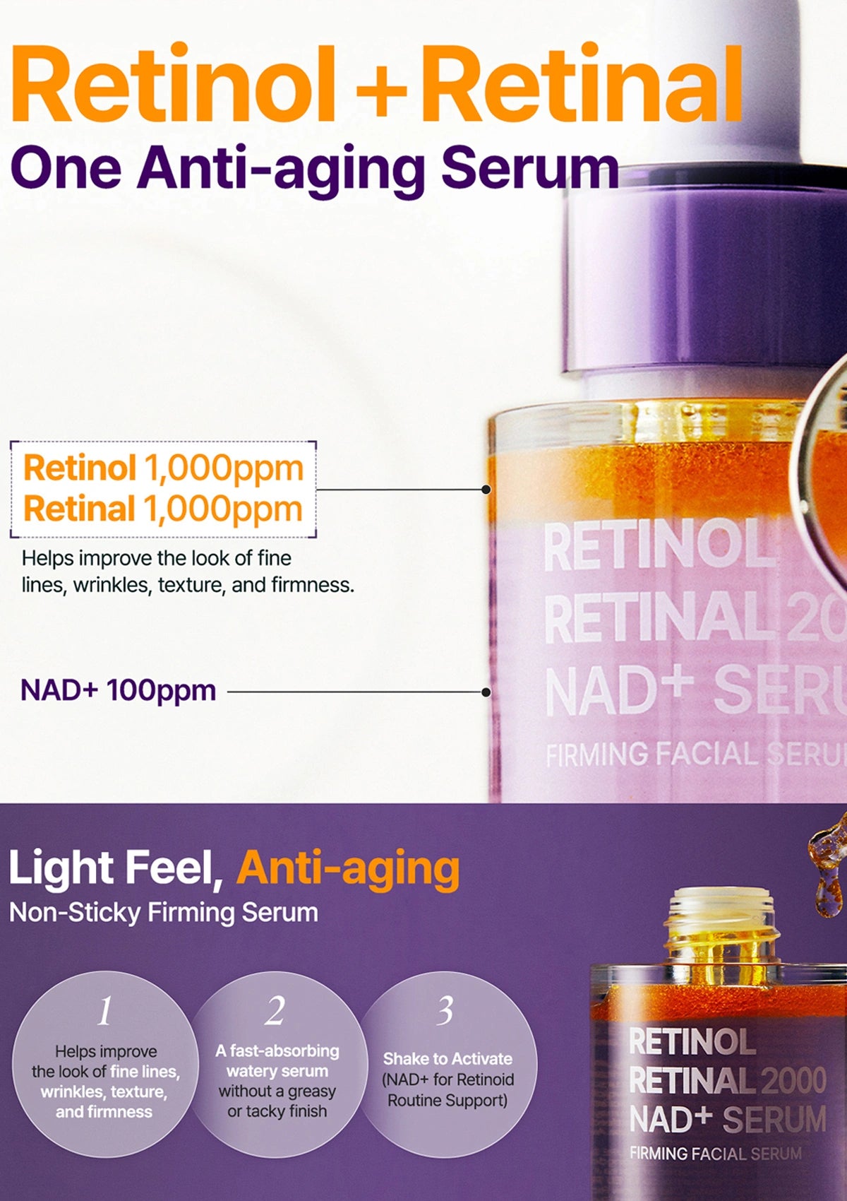 Purito Retinol + Retinal 20% NAD+ Serum bottle with a purple dropper cap, shown on a white background with promotional text highlighting 1,000ppm Retinol and NAD+ 100ppm.